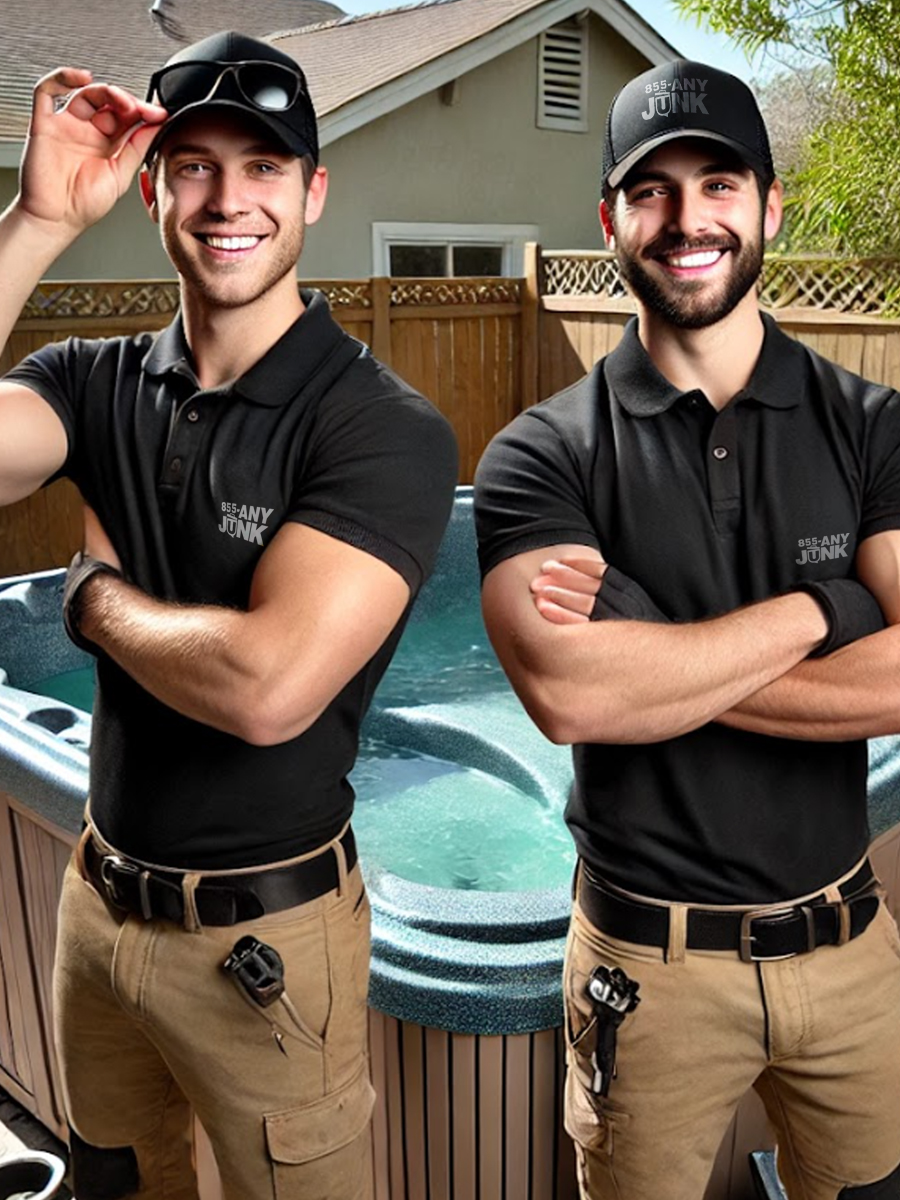 Professional team dismantling an old outdoor hot tub for removal.